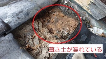 葺き土が濡れている