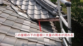 下屋根に水が流れる