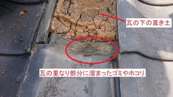 瓦の重なり部分に溜まったゴミ