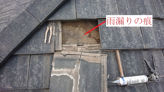 割れ瓦の下の防水紙にのこる雨漏り痕