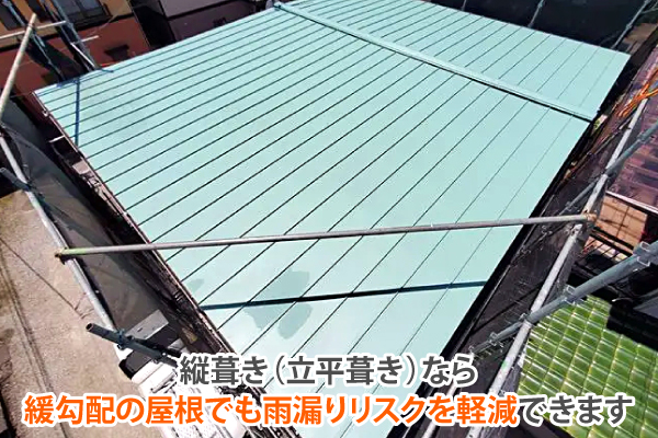 縦葺き（立平葺き）なら、緩勾配の屋根でも雨漏りリスクを軽減できます